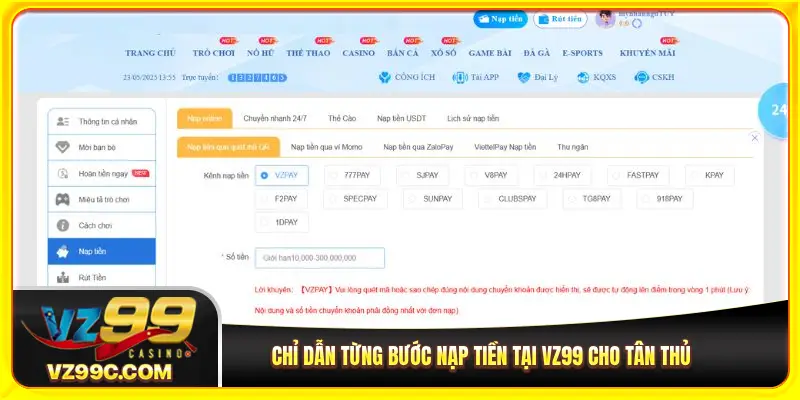 Chỉ dẫn từng bước nạp tiền tại VZ99 cho tân thủ